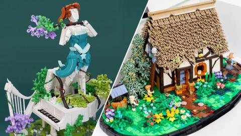 Impressive Lego creations. On the left is an interpretation of the Greek muse of song. It's a young lady standing on a grand piano surrounded by leaves and flowers. It's mostly whites, greens and blues. Her hair is red providing a nice contrast

On the right is a lego thatched cottage. It uses thousands of lego mini-figure wands to create the texture of the roof