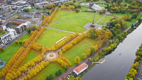 An aerial view of Glasgow Green, showing a large green park from above