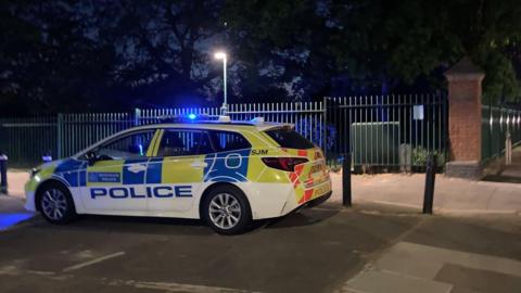 A police car parked near the corner of Elthorne Park in Ealing, west London, where A mother and her young son have died after getting into difficulty in the water 