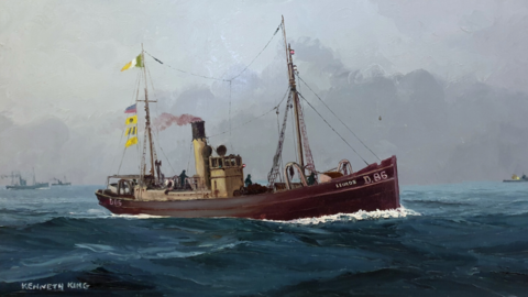 a painting of a dark red ship against a stormy sea and sky