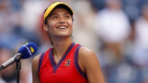 Emma Raducanu interviewed on court at the US Open