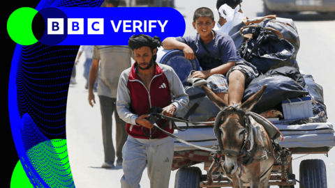 Palestinians seen moving toward areas they believe to be safer, carrying their belongings, after an evacuation warning by the Israeli army in Deir al-Balah, Gaza, on July 20, 2025