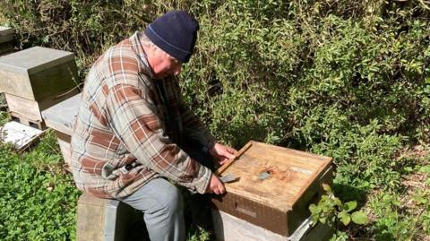 William Robson sat next to a hive. He is wearing a flannel shirt, jeans and a block hat. He is lifting the lid off of a wooden hive box which has been placed next to a row of bushes.