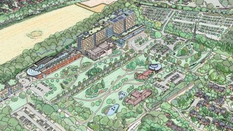 An artist's impression of how the new hospital will look. It is a drawing showing various buildings and a lot of open green space