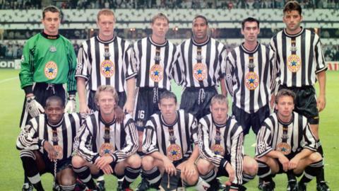 Newcastle team that played Barcelona in September 1997: back row - Shay Given, Steve Watson, Jon Dahl Tomasson, John Barnes, Keith Gillespie, Phillipe Albert; front row - Faustino Asprilla, Warren Barton, Robert Lee, David Batty and John Beresford