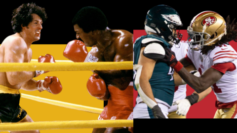 Rocky Balboa fighting Apollo Creed and a San Francisco 49ers player pushing a Philadelphia Eagles player