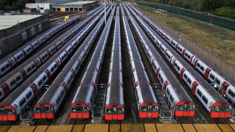An aerial picture taken with a drone shows London Underground tube trains parked at Cockfosters Depot 