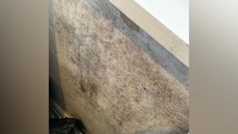 A mouldy damp wall under a windowsill. There are large patches of black mould and part of the wall is in poor condition. 