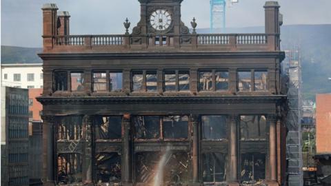 The charred Bank Buildings in Belfast city centre