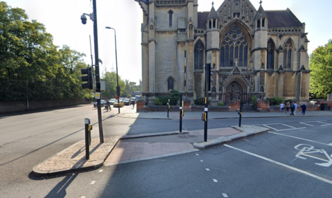 The turning into Hills Road by the Catholic church