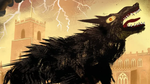 A drawing of a large, scary black hound barking and bearing its teeth. It is in front of a church. There are forks of lightning in the sky.