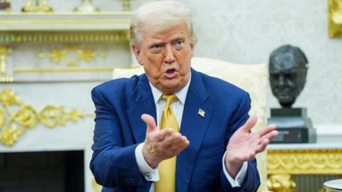 Trump in blue suit jacket with gold tie in front of fireplace and gold desk with hands raised, palms up