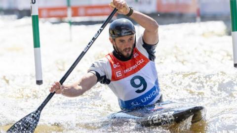 Ryan Westley of Great Britain competing at a canoe slalom world cup event