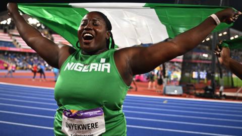 Chioma Onyekwere celebrating her gold medal the Commonwealth Games