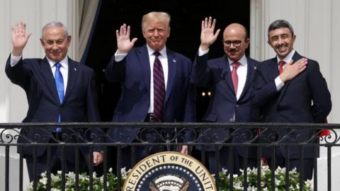 (L-R) Prime Minister of Israel Benjamin Netanyahu, US President Donald Trump, Foreign Affairs Minister of Bahrain Abdullatif bin Rashid Al Zayani, and Foreign Affairs Minister of the UAE Abdullah bin Zayed bin Sultan Al Nahyan after the signing ceremony of the Abraham Accords at the White House on 15 September 2020.