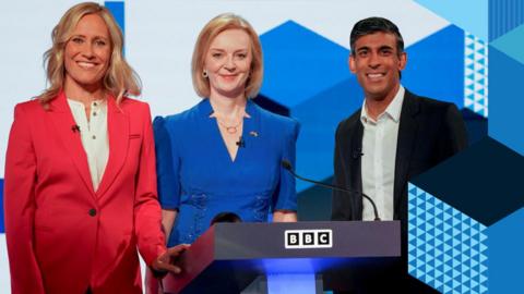 Moderator Sophie Raworth and candidates Liz Truss and Rishi Sunak on stage at start of the BBC leadership debate