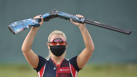 British skeet shooter Amber Hill celebrates