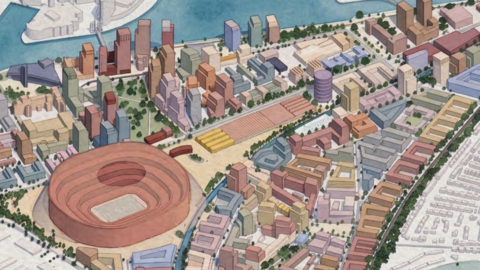 CGI image of the masterplan for the area around Old Trafford. The image shows the plans for new homes, with Salford Quays in the background.