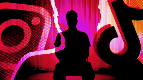 A designed graphic featuring a whistleblower pictured in silhouette in front of a curtain in the middle of the image, with the logos of Meta's Instagram and TikTok overlaid either side of him in bright tones of pink and orange. Another image of a silhouetted figure in close-up is overlaid in a subtle, negative space design.
