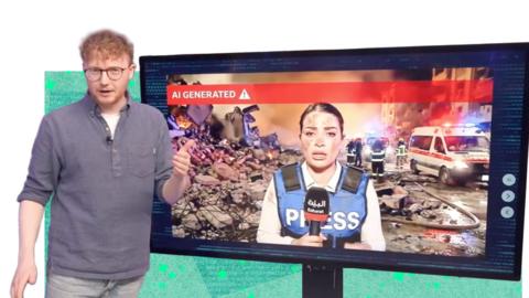 Presenter next to an AI-generated image of a reporter speaking to the camera