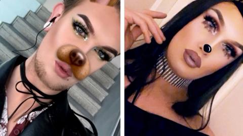 Person takes a selfie using AR lenses. The first photo has applied a dog nose to their face, the second has added a black nose.