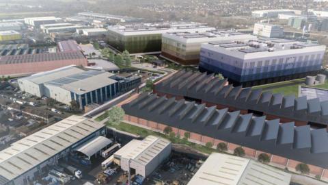 An artist's impression of how the industrial site will look.
There is a grey roofed building in the foreground with a taller white and grey building behind it.
