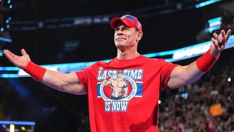 John Cena acknowledges the crowd during SmackDown at Bell Centre on August 8, 2025 in Montreal, Canada.