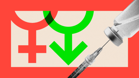 The male and female symbols and a syringe going into a bottle
