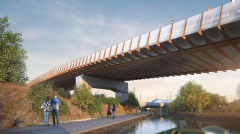An artist impression of a bridge over a canal with people walking along it.