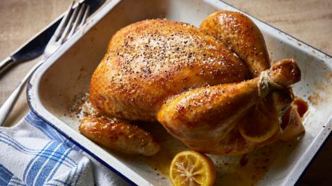 roast chicken in roasting tin 