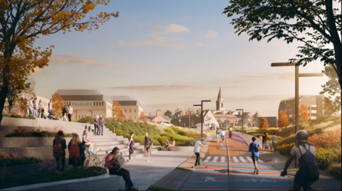 An artist impression of what the new station and the area around it will look with cycle ways