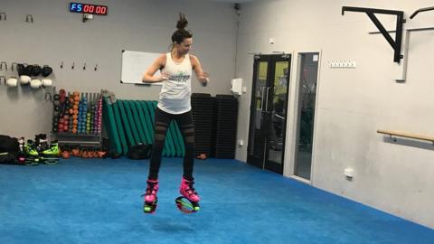 Katie Griffiths bounces in the JumpFit boots in Chepstow