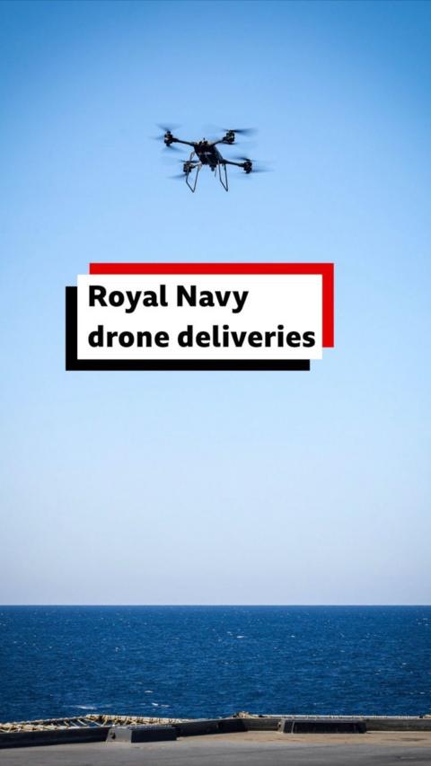 Image of a drone in the sky above the sea and a naval vessel