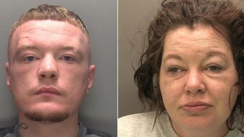 Police pictures of Matthew Pearson who has short brown hair and a beard and Sarah Mason, who has shoulder-length black hair and is wearing a grey shirt
