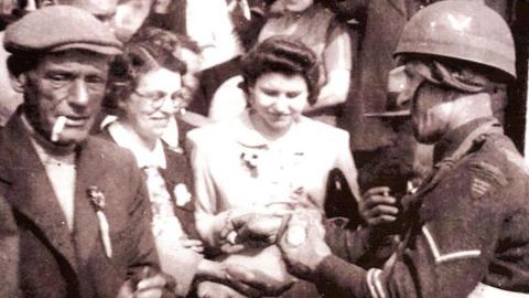 A man with a cap and smoking a cigarette and two women in the 1940s anda serviceman in a sepia picture.