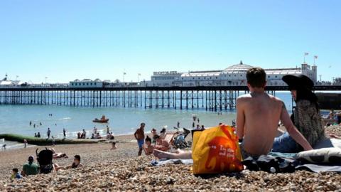 People on a beach, with Brighton Pier in the background