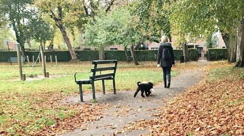 A woman walks in a park with a black dog on a lead. Leaves can be seen scattered across the floor, with benches and play equipment seen.