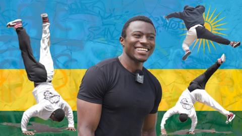 Composite image of Niyonzima Alfred smiling in centre of screen with accompanying shots of him doing parkour with the flag of Rwanda as a full-screen background