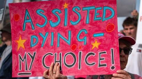 People protest in support of the assisted dying bill at Westminster. A woman is holding a large pink banner saying "assisted dying - my choice" is at the front of the picture.