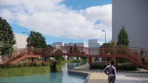 An artist impression of the new bridge as viewed from the perspective of somebody standing alongside the canal.