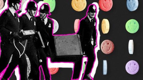 Police officers shutting down a rave superimposed on to ecstasy pills background