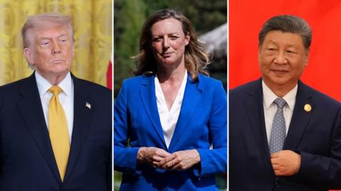 Split screen of Donald Trump wearing a suit and yellow tie on the left, BBC correspondent Laura Bicker wearing a blue blazer in the middle, and Xi Jinping wearing a suit and blue tie on the right