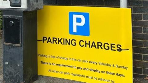 A yellow sign that reads: "Parking is free of charge in this car park every Saturday & Sunday. There is no requirement to pay and display on these days."