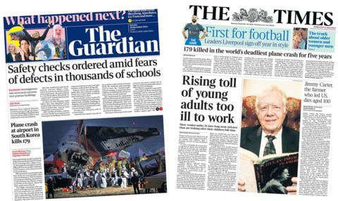 Front pages of the Guardian and the Times 