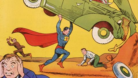 A close up of the Action Comics No 1 cover showing Superman holding up a car as others cower in fear.