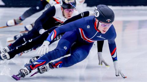 Niall Treacy of Great Britain competing on the men's 500m finals on day one of the ISU European Short Track Speed Skating Championships
