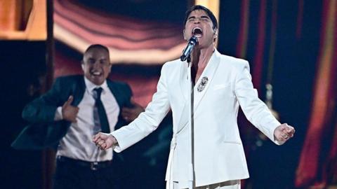 Italian singer Sal Da Vinci, representing Italy with the song 'Per Sempre Si', performs during a dress rehearsal for the first semi-final of the Eurovision Song Contest 2026