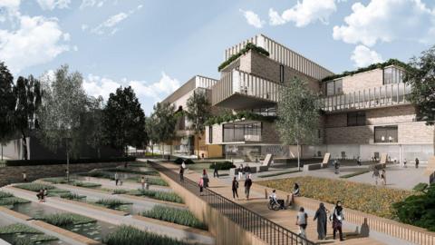 Artist's impression of the Health Innovation Neighbourhood. It has a series of buildings across several levels, some with large glass fronts. Many people are using a public walkway at the front of the building, while to the left is a landscaped area with seating.