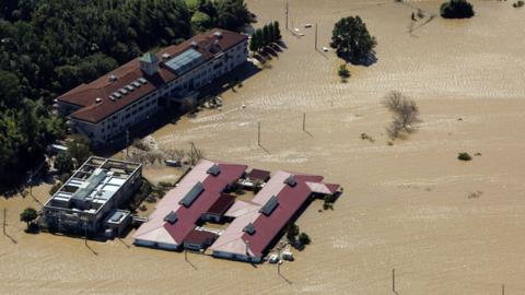 Flooded Kawagoe Kings Garden nursing home besides the Oppegawa river in Kawagoe