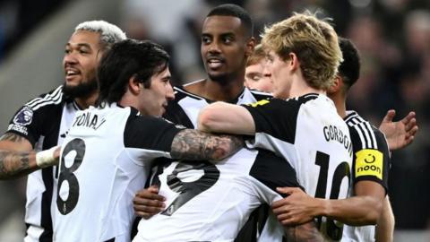 Alexander Isak celebrates with his team-mates in Newcastle's Premier League win over Wolves